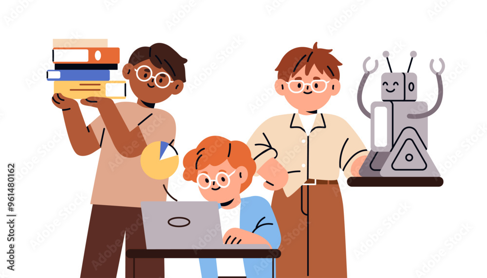 Poster School students group learning technology, robotics and coding. Children, boys studying together. Kids education with computer and books. Flat vector illustration isolated on white background
