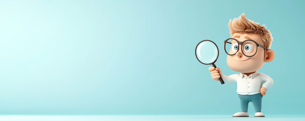 Curious child with glasses holding a magnifying glass, ready to explore and discover new things with a joyful expression.