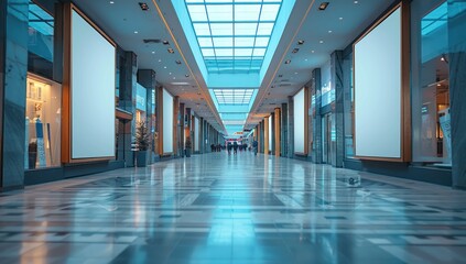 Empty Shopping Mall Interior with Glass Ceiling and Blank Advertisements