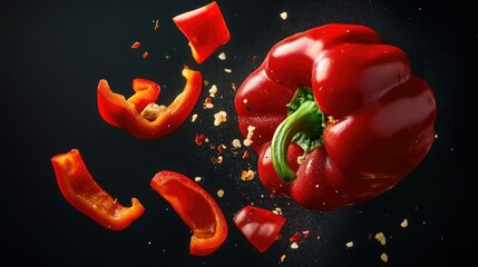 A red bell pepper suspended in the air with its slices falling around, against a clean background, illustrating the freshness and vitality of the vegetable.