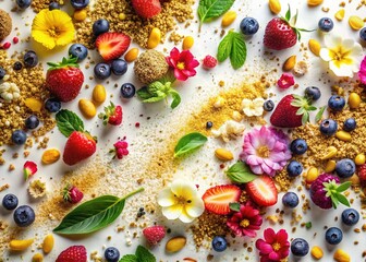 A vibrant display of fresh berries, crunchy granola, and edible gold dust decorates a white surface, surrounded by tropical flowers in full bloom.