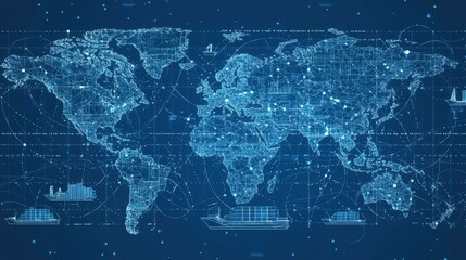 Fototapeta premium Global Network Map with Cargo Ships Connected World Concept