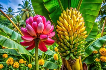 A vibrant pink banana tree stands tall, surrounded by lush green leaves and a curved stem, adorned with yellow flowers and fruit.