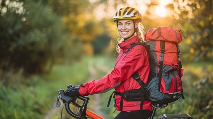 Obraz premium Smiling Female Cyclist Prepares for Adventure on Sunlit Forest Trail, Active Lifestyle