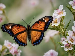 Obraz premium Aesthetic Beautiful Brown and Blue Butterfly Flying with Flowers and Bokeh Garden Background Picture