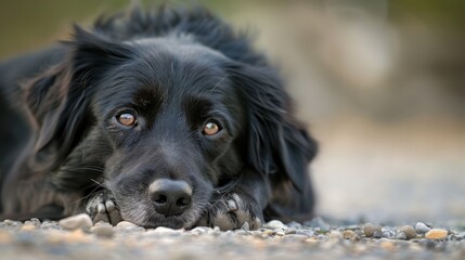  A tight shot of a dog resting on the ground, its head and paws touching the earth