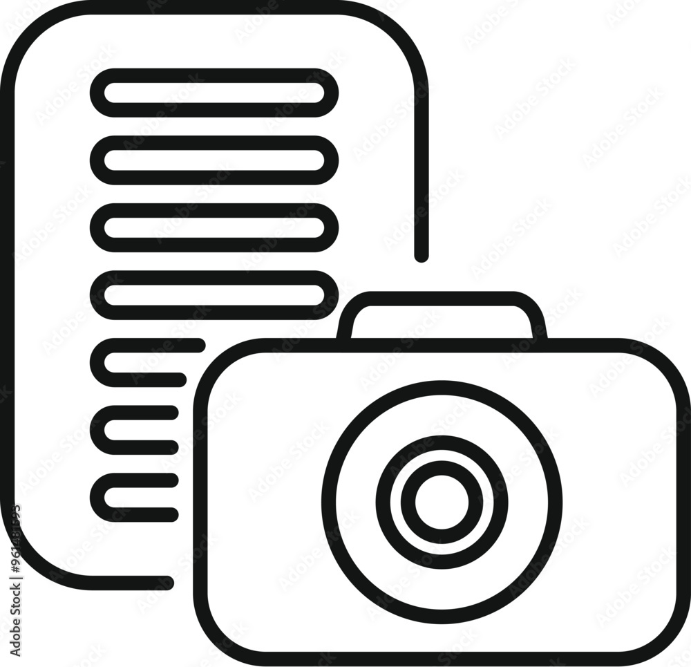 Poster line icon of a camera taking a picture of a document, representing scanning or digitizing