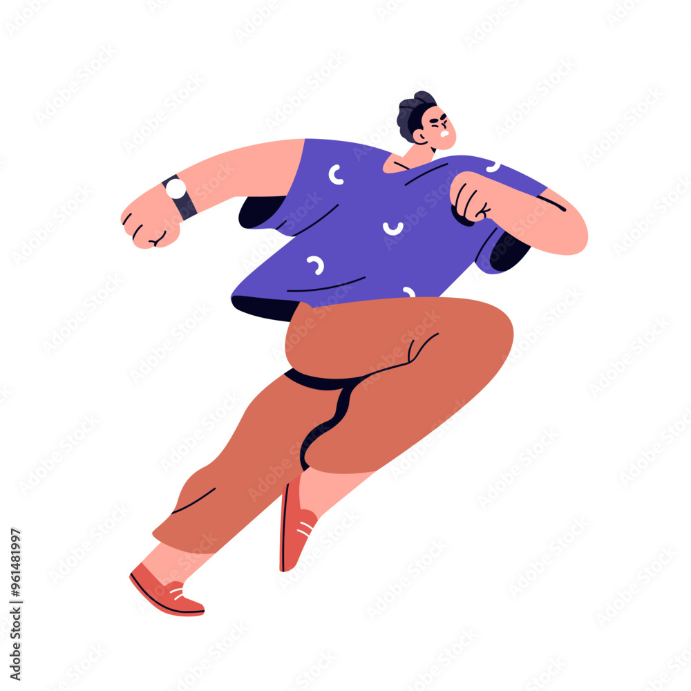 Poster ambitious man running with determination, ambition. determined male character rushing, hurrying forw