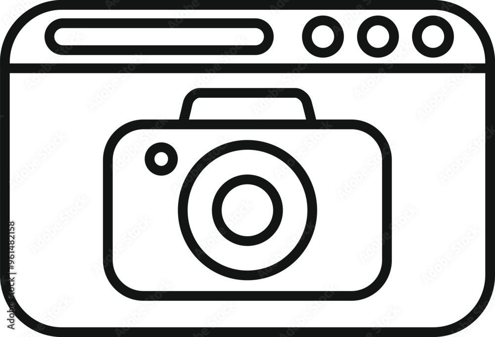Poster simple line drawing representing a camera icon displayed on a website interface, suggesting online p