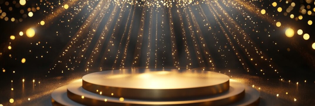 A luxurious golden podium with three steps, illuminated by soft, warm lights and sparkling bokeh. The stage is adorned with shimmering particles, creating a magical and celebratory atmosphere. The ima