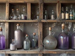 A display case with dusty and cobwebby flasks and bottles, Halloween.