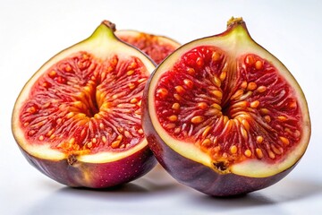 Close-up macro shot of a single ripe fig cut open revealing appetizing juicy red pulp and crunchy seeds against a clean white background texture.
