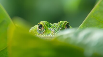Fototapeta premium A green lizard's face, in tight focus, emerges from behind a green leaf Background softly blurred