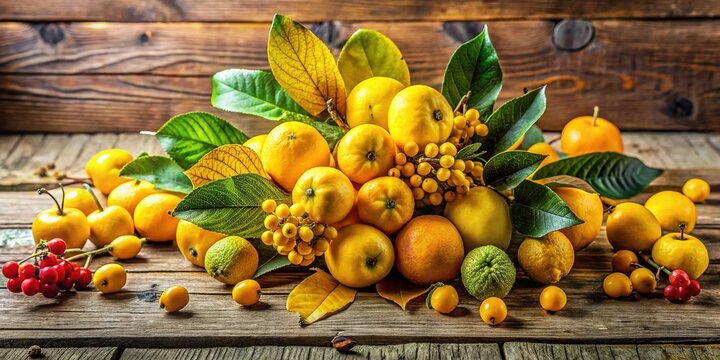 Bright yellow nance fruit and foliage dance on a rustic wooden backdrop, bathed in warm natural light, creating a lively and vibrant arrangement.