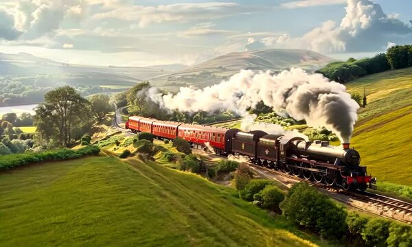 Steam train chugging through a picturesque countryside landscape, Video