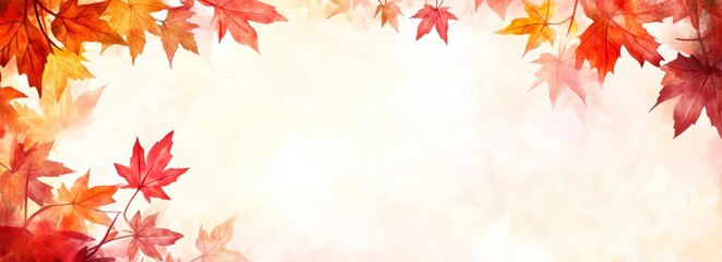 Fototapeta premium Autumn background with watercolor red and orange leaves on a light yellow background, a beautiful fall season wallpaper design for digital art., copy space for text