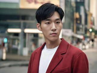 Fototapeta premium Cute Asian Man Portrait Wearing Red Suit and White T-shirt with Trendy Haircut and Bokeh City Background
