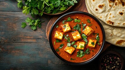 Paneer Butter Masala Curry served in a traditional bowl with naan. Top view with copy space.