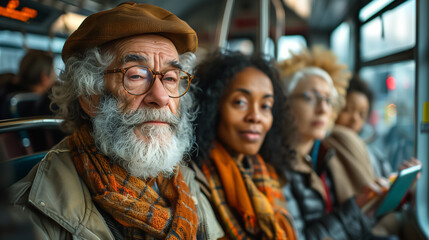 Four passengers on a city bus share a moment of connection, surrounded by lively urban scenery. The warm sunlight creates a cozy atmosphere as they embark on their adventure