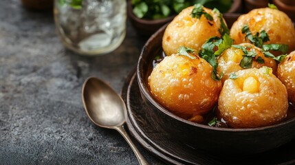 Pani Puri filled with spiced potatoes and served with flavored water. Copy space available.