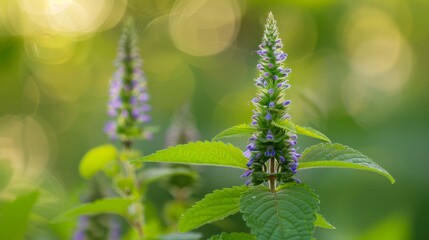 Fototapeta premium A tight shot of a purple bloom on a verdant plant, surrounded by softly blurred green leaves and bokeh'd background light