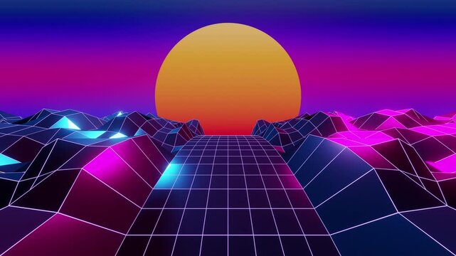 Neon Retro Sythwave outrun style Polygonal Road Animated Background with seamless Looping UHD 4K 02 Pink Blue Purple Violet Magenta