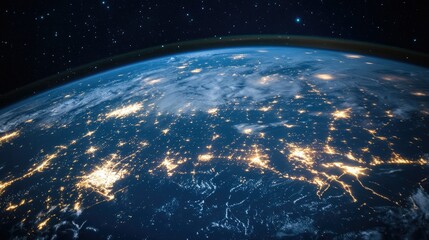 Obraz premium A stunning image of the Earth at night, highlighting the vibrant lights of cities and the connections between them.