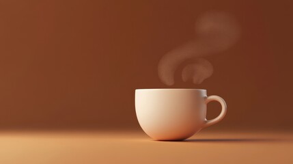 Obraz premium A minimalist 3D illustration of a white coffee cup with steam rising above it. The cup is on a brown background. The image is simple, clean, and inviting. The steam represents the warmth and comfor
