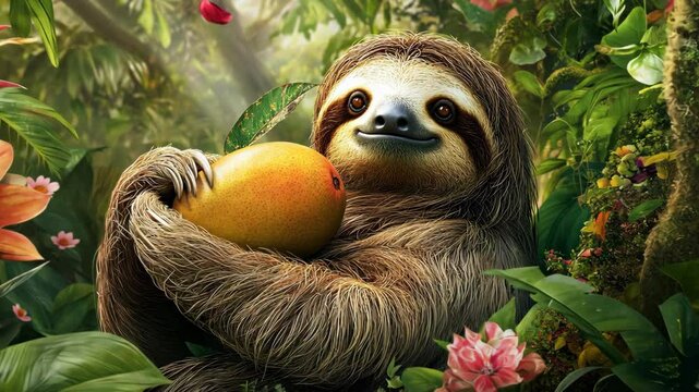 A sloth enjoying a delicious mango in a vibrant tropical rainforest