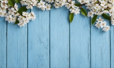 Spring flowers on rustic blue wood background