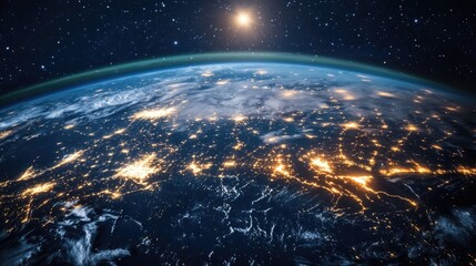 Obraz premium A stunning image of the Earth at night, highlighting the vibrant lights of cities and the connections between them.