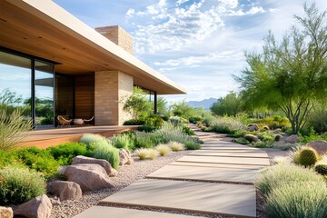 Modern Home with Stone Pathway and Desert Landscaping.