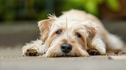  A tight shot of a dog reclining on the ground, its head supported by a wooden piece