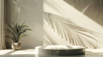 Empty room with palm leaf shadows, podium for design and products.