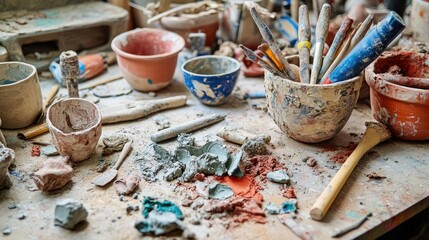 A variety of sculpting tools scattered on a table covered with clay remnants, showcasing the creative process.