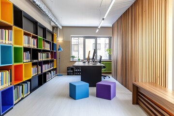 A small modern office room with wooden desk, colorful bean bag chairs and bookshelves in the background.