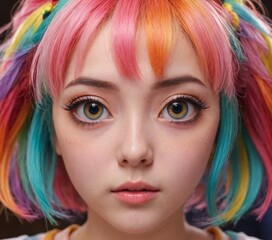 Fototapeta premium Close-up of an anime-inspired girl with large, expressive eyes and colorful hair, featuring detailed and soft lighting.