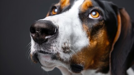  A tight shot of a canine's visage, marked by a black and brown patch, against a black backdrop