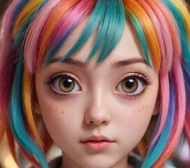 Close-up of an anime-inspired girl with large, expressive eyes and colorful hair, featuring detailed and soft lighting.