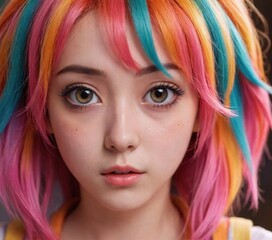 Fototapeta premium Close-up of an anime-inspired girl with large, expressive eyes and colorful hair, featuring detailed and soft lighting.
