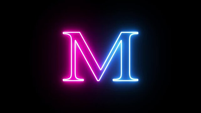 Glowing neon capital letter alphabet M animation. Purple and blue neon font letter "M" on black background. Educational concept