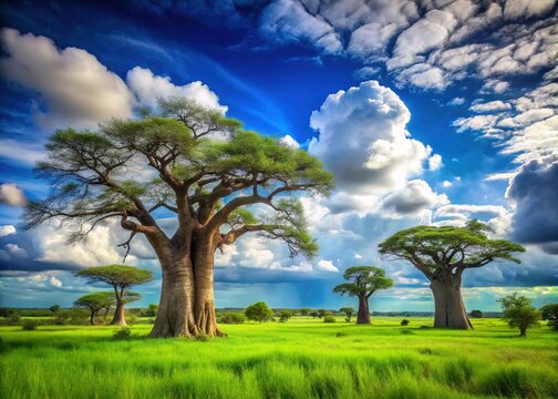 Majestic baobab trees stand tall amidst vibrant green savannah grasslands, their gnarled branches stretching towards the bright blue African sky dotted with puffy white clouds.