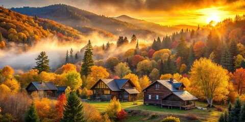 Misty mountainside rises above rustic wooden cabins nestled in lush greenery, vibrant fall foliage glowing golden in the fading sunlight's warmth.