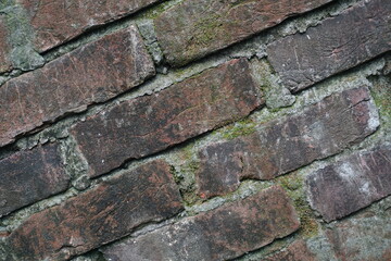 Green moss brick layer closeup view texture background, A bunch of green moss grown on a damaged brick wall, Mossy Weathered backdrop
