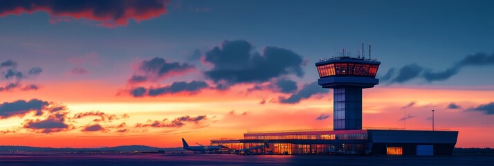 A panoramic view of an airport at sunset with an air traffic control tower, a plane on the runway, and a dramatic sky. The image represents transportation, travel, aviation, safety, and efficiency.