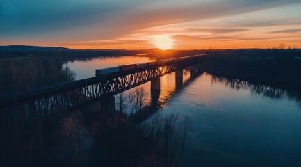 Fototapeta premium Sunset Aerial View of Long Bridge Over Calm River Symbolizing Connection, Journey, Infrastructure Development, and Peaceful Travel Landscape