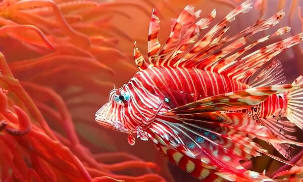 Striking red lionfish with flowing fins, Video