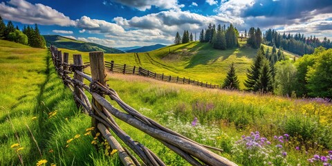 Fototapeta premium Rustic weathered wooden fence with tangled barbed wire strands stretching across a rolling green hillside, surrounded by wildflowers and towering trees under a blue sky.
