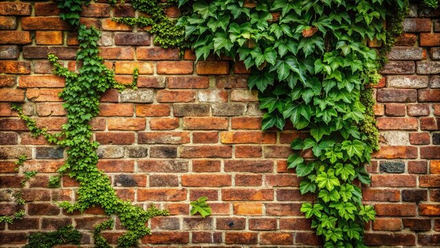 Rustic aged brick exterior wall with worn mortar joints, ivy overgrowth, and subtle cracks, evoking a sense of weathered history and vintage charm.
