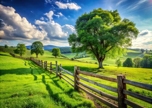 Rustic wooden fence surrounding a lush green pasture with a few trees, showcasing a serene countryside scenery on a sunny day.